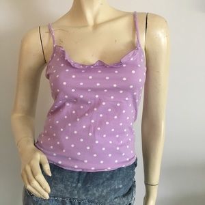Vintage Valentino purple and white polka dot cami with ruffle trim and round hem